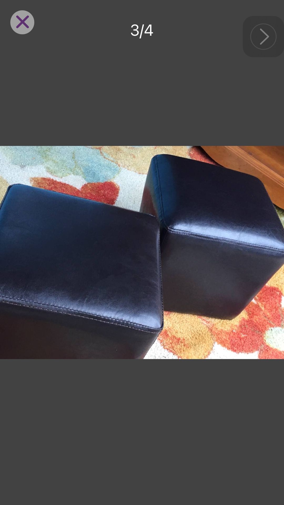 2 Matching Leather Padded Black Stools, Like New - 12H x 12W x 12D
