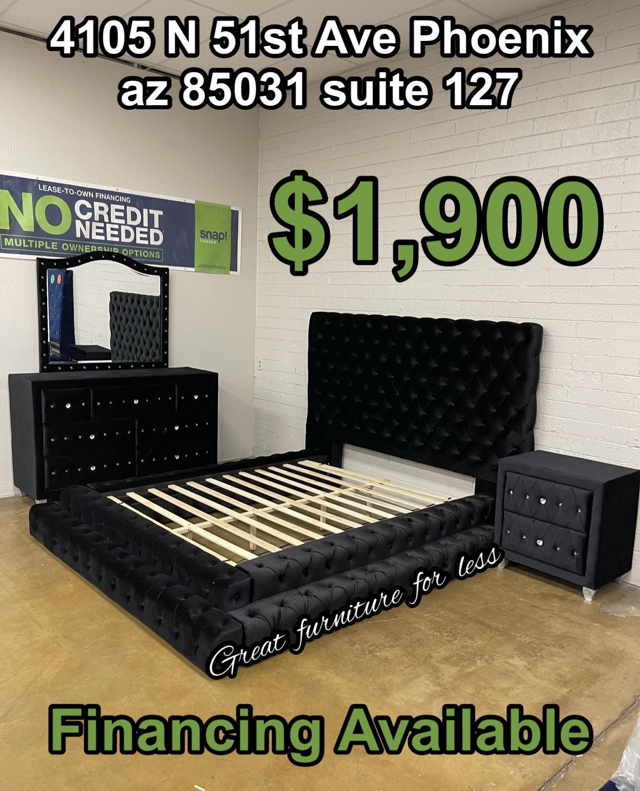 4 PCs Queen Size Bedroom Set Velvet Black Include Bed Frame Dresser Mirror And 1 Nightstand Brand New