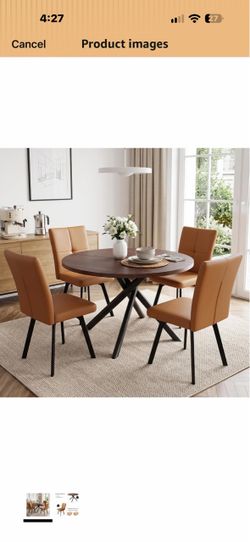 45.3 Inch Round Dining Table Set for 4, Modern Dining Chairs MDF Tabletop with X-Shaped Metal Legs, Round Edge Design with 4 Kitchen Chairs, Great for