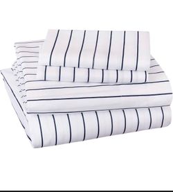 Soft Microfiber Sheet Set with Elastic Pockets - Queen, Navy Pinstripe