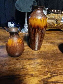Matching Ceramic Vase Set (2 Piece) - Earthy Brown & Gold Drip Glaze