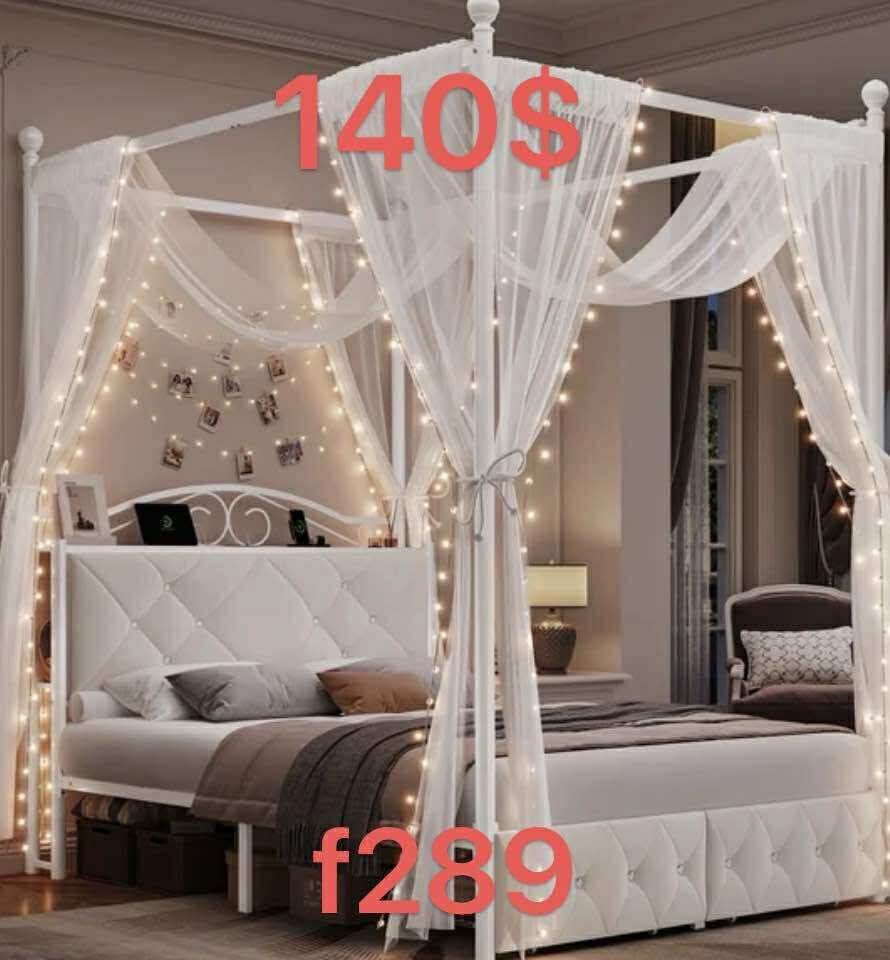 Full Size Upholstered Metal Canopy Bed, 2 Drawers Storage Platform Bed with Charging Ports, Off-White（f289