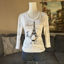 CACTUS Vintage Y2K White Black Paris Eiffel Tower V Neck Graphic Long Sleeve Top