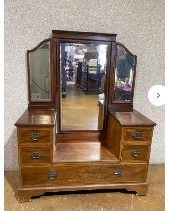 Antique Wood Vanity With Tri-fold Mirror 