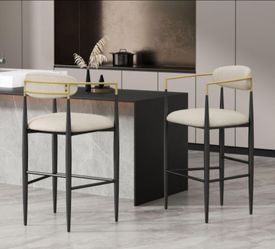2 Counter Height Beige Fabric Barstools with Gold & Iron Bars
