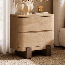 Nightstand with 2 Drawers 23.6" Large Bedside Table with Curved Front Handle-Free Storage
