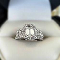 GIA Diamond 14k white gold 2.5CTW Natural Diamond engagement ring Emerald & Round cut sz 6.75