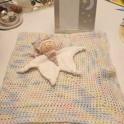 3Pc Set Hand Crochet Pastel Baby Blanket, Snuggle Doll, Baby Photo Frame