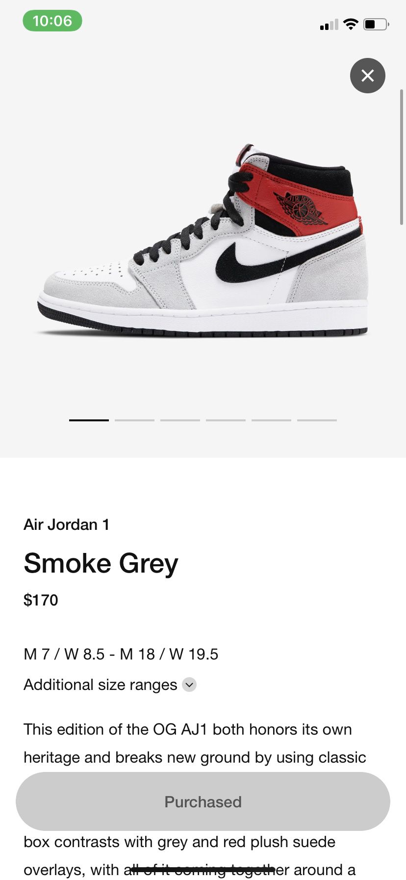 Air Jordan 1 Smoke Grey Size 10