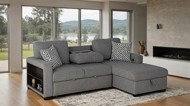 Gray Couch Sofa Sectional Pull-Out Sleeper Dropdown Table w/ USB