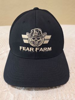 LG-XL Black Gold Embroidery Fear Farm Sheriff Cowboy Skull Logo Gold Embroidery Flex Fit Baseball Hat *Please Read Description*