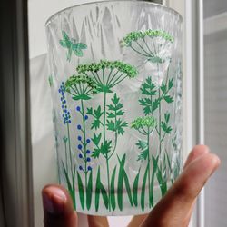 New 4" Wide Rim Etched Glass Candle Holder – Dragonflies & Green Flowers