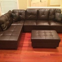 Brown Leather Sectional Couch And Ottoman