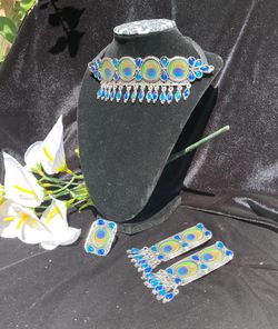 Peacock Combo Set with long Peacock Earrings & Peacock Ring