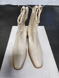 Cream Leather Western Ankle Boots