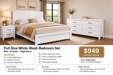 Twin/Full Size Bedroom Set White Wash Bed Dresser Nightstand New