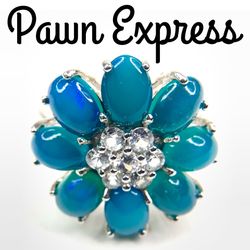 Sterling Silver Blue-Green Stone Floral Ring 