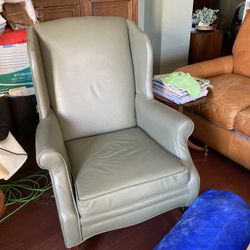 Watch The Game In Comfort. Green Leather Chair And Ottoman 