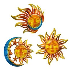 3 Pieces Metal Glass Sun Face Wall Art Decorations, 12 Inches