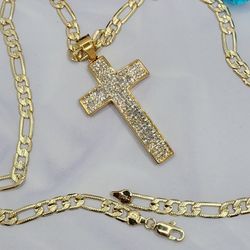 Cross Chain Gold-plated Figaro Style Chain Diamond Cut 26"inches 