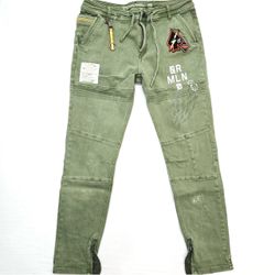 Dreamland Olive Jeans with Patches and Ankle Zippers