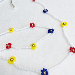 Colombian Choker Necklace Daisy Red Yellow Blue white Colombia rare 