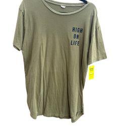 Vintage 1970s Upcycled Green T Shirt With vinyl Quote “high On Life” In Black  Sz medium. Longer tunic style   Army green  Vintage upcycled cotton t s