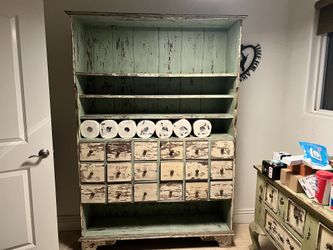 Chippy Paint Green Shelving Unit And Matching Console