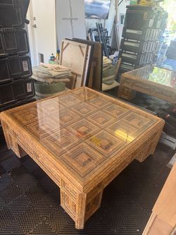 DESIGNER BERNHARDT GLASS-TOP CARVED COFFEE TABLE. 46 1/4 square 19” tall