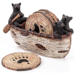 Bear Coasters Set of 6 Full Size Rustic Coasters in Handmade Canoe with Adorable Black Bear Figurines | Black Bear Log Cabin Decorations, Rustic Lodge