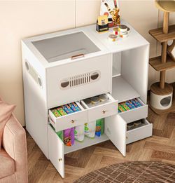 40.2" Hidden Cat Cabinet with Hydraulic Glass Door and Storage, Modern White Cat Litter Box Enclosure Furniture for Living Room