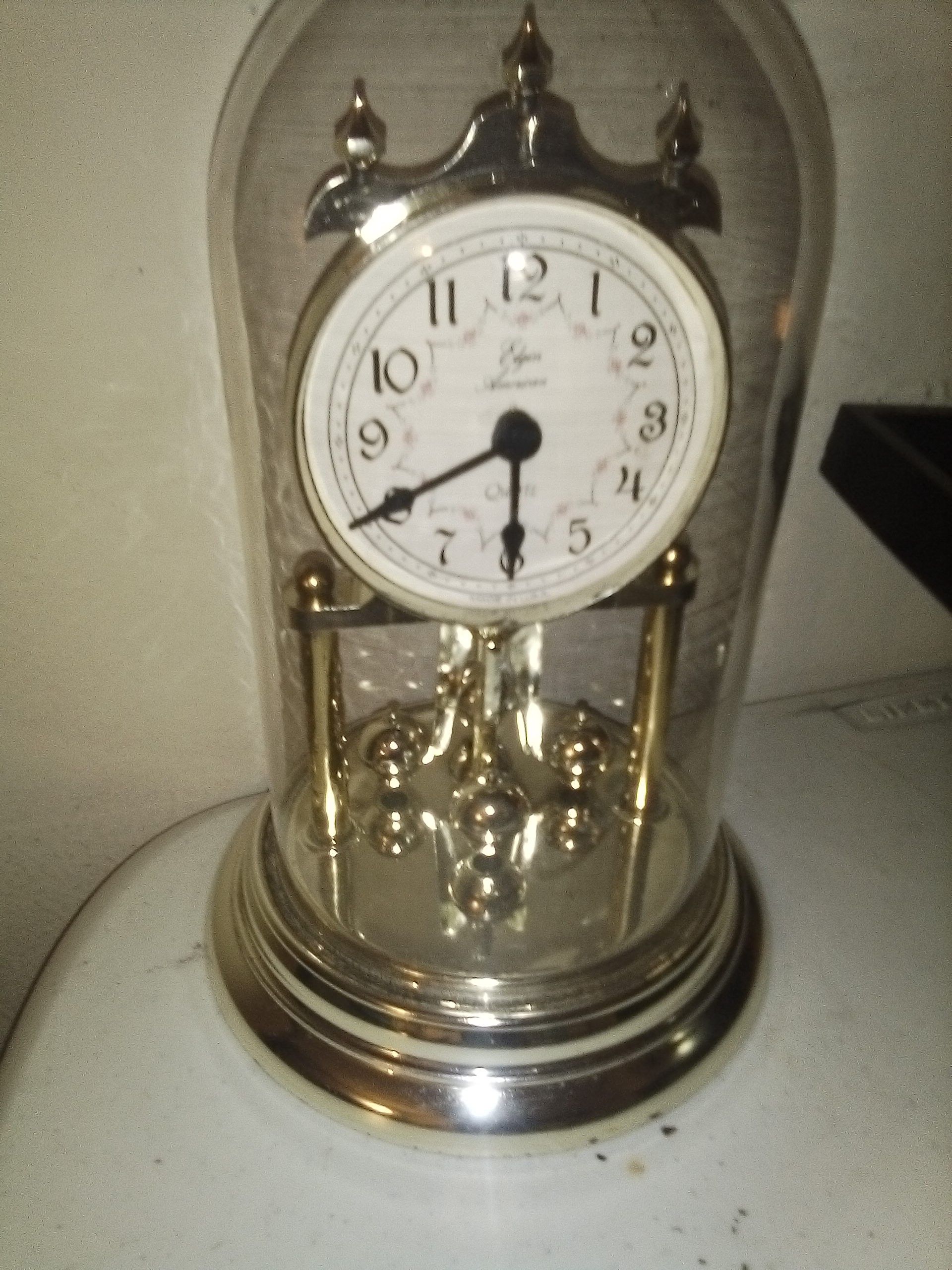 Vintage Elgin Quartz Anniversary Clock Glass Dome  9" Tall