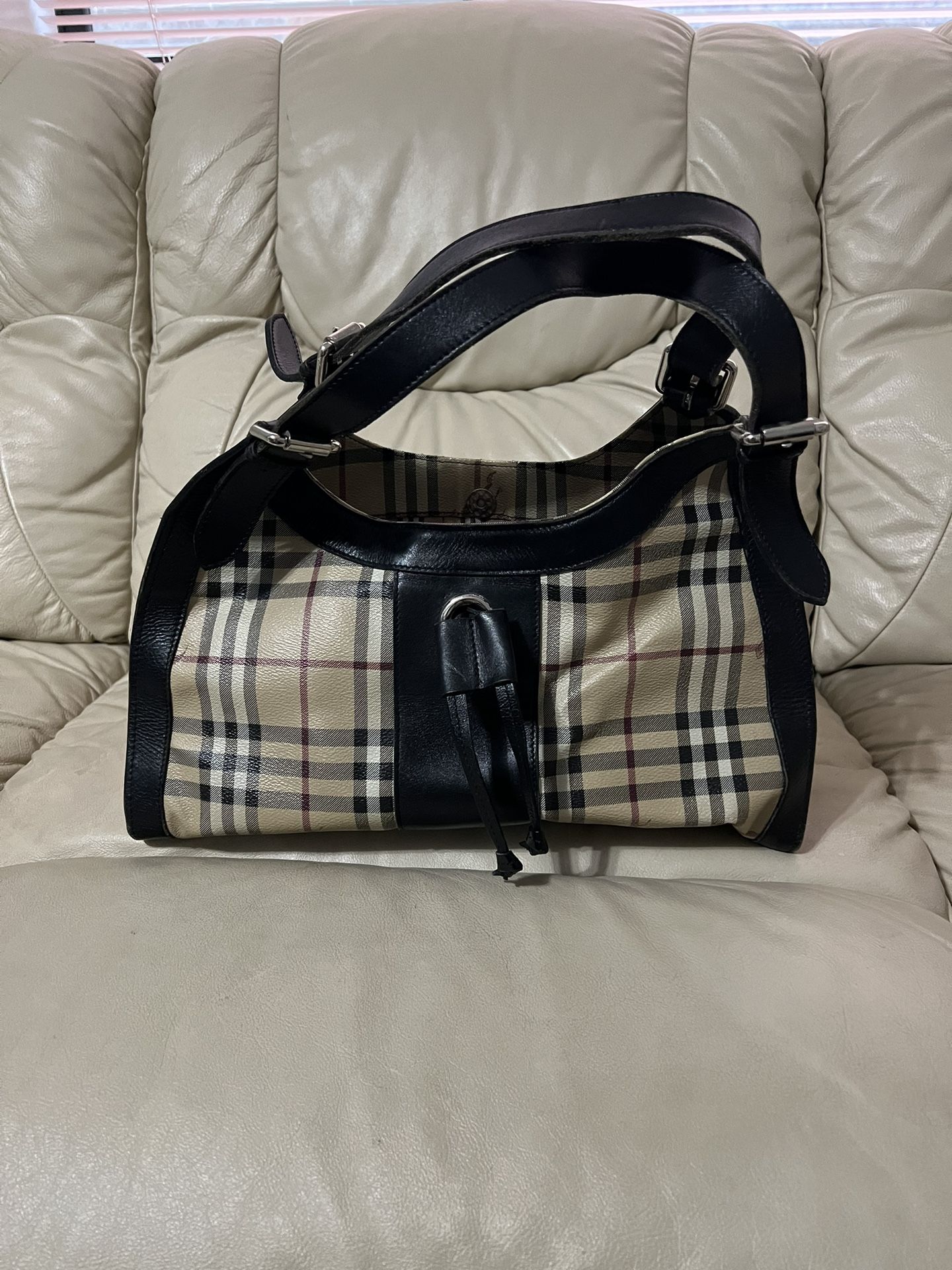 Burberry Brown/Beige Haymarket PVC and Leather Kensington Baguette Bag