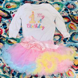 12 Mths💕🎉Bbygirl 1st Birthday Long Sleeve Designed Onesie W/:: Matching TuTu Set  