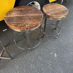 2 Rustic Stackable Side Tables With Mixed Wood And Decorative  Brushed Metal