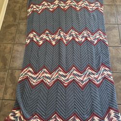 Hand made Crochet Chevron Pattern Throw Blanket Blue Pink Cream Handmade