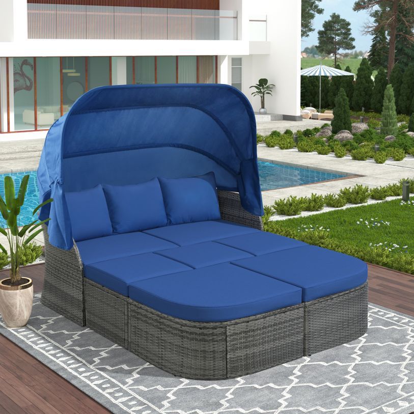 Gray Wicker Outdoor Patio Rattan  Daybed w/ Canopy & Sofa Set / Table (Blue Cushions) [NEW IN BOX] **Retails for $1290 <Assembly Required>  