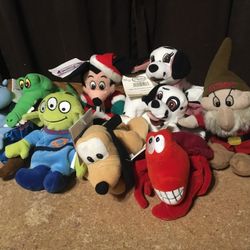 Disney Store Mini Bean Bag Plush Lot Of Nine Genie Toy Story Alien Mickey Mouse Sebastian Pluto Peter Pan Croc Lucky And Jewel From 101 Dalmatians 
