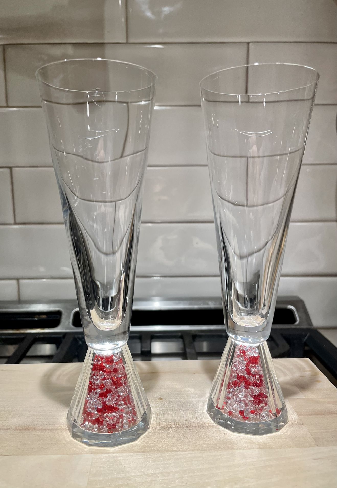Signed Oleg Cassini Crystal Glitter Ruby Champagne Flutes Set of Two