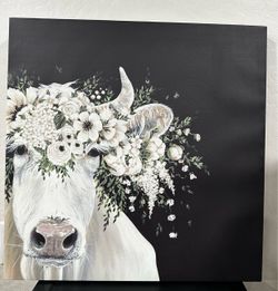 Floral Crown Cow Canvas Wall Art