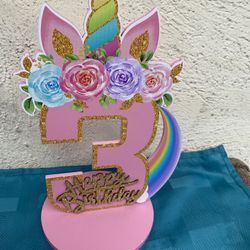 3rd Birthday Pink Unicorn Centerpiece With Glitter 