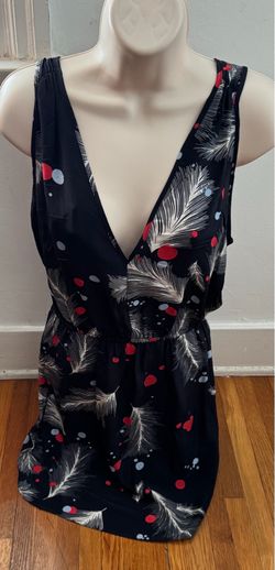 Charlie Jade 100% silk black feather and dots V-neck mini dress, size XS