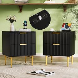 Black Nightstand Set of 2 with Charging Station  Fluted Nightstand with 2 Drawers, Modern Bedside Table with Gold Legs, End Table for Bedroom