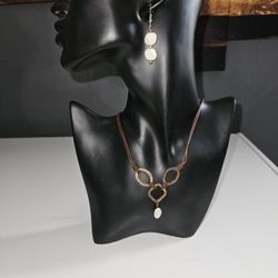Leather and Pearl Necklace and Earring Set 