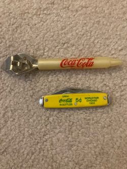 Vintage Coca Cola coke 5cents in bottles advertising packet knife and bottle opener