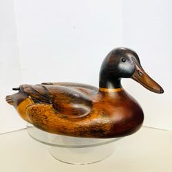 Tom Taber Signed Large Wooden Mallard Duck Decoy (Crack In Wood) 7.5” T X 18” L