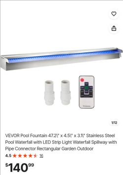 VEVOR Stainless Steel Pool Waterfall Spillway with LED Light