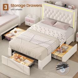 BTHFST Twin Upholstered LED Bed Frame with 3 Drawers, Velvet Hidden Storage Headboard with Charging Station, Button Tufted Headb