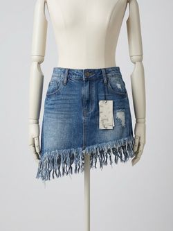 Distressed Denim Mini Skirt with Fringe Hem