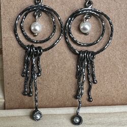 Sterling silver dangle earrings with freshwater pearls and twisted fringe
